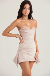 Silky Satin Pleated Trim Corset Strapless Party Mini Dress - Gray